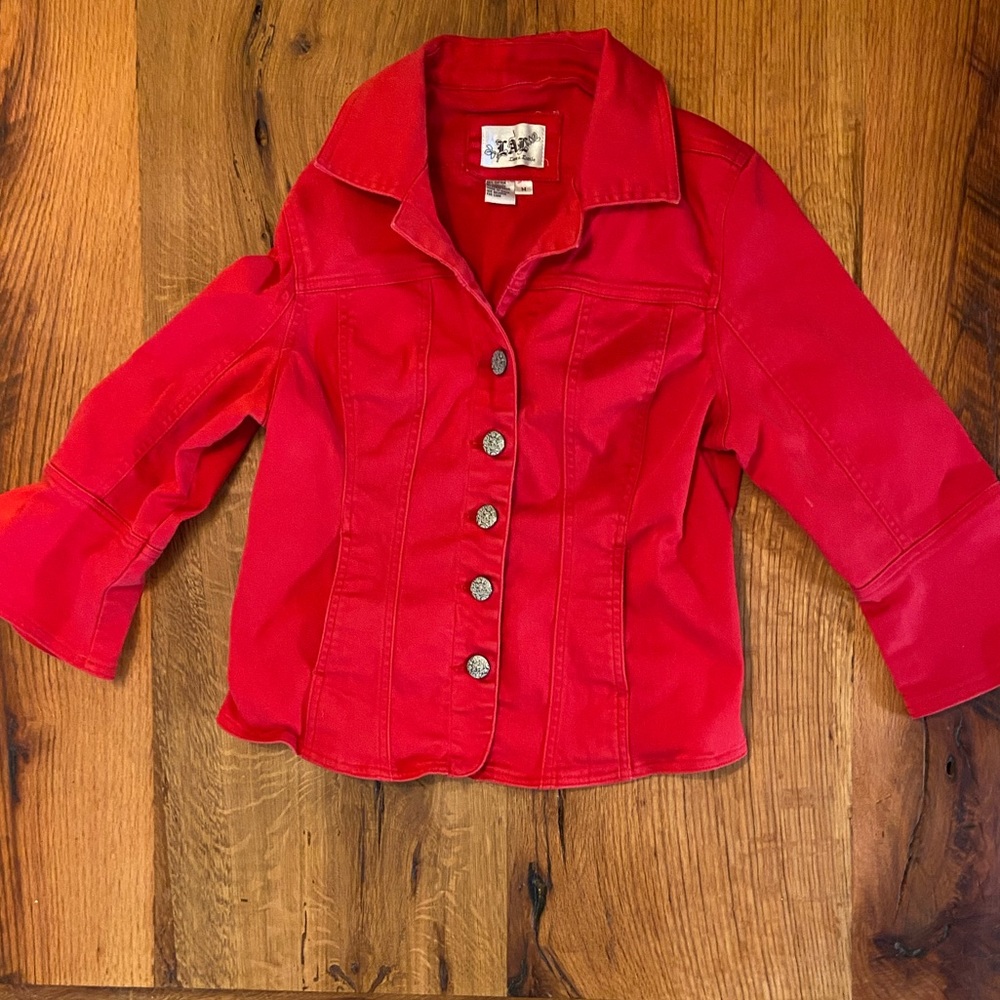 LAL Red Stretch Cotton Blazer with Pockets, Fun Buttons & Sleeves, Size Medium
